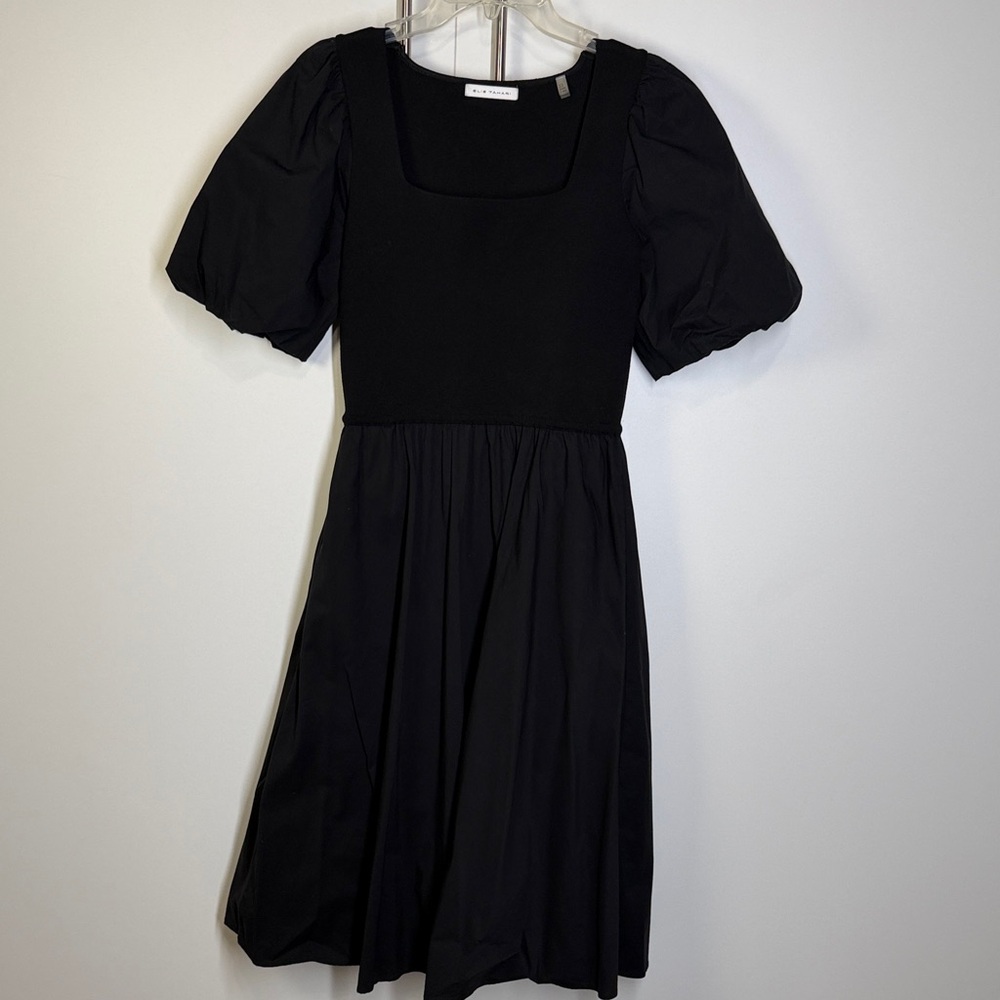 Elie Tahari Black Square Neck Puff Sleeve Midi Dress w/ Pockets